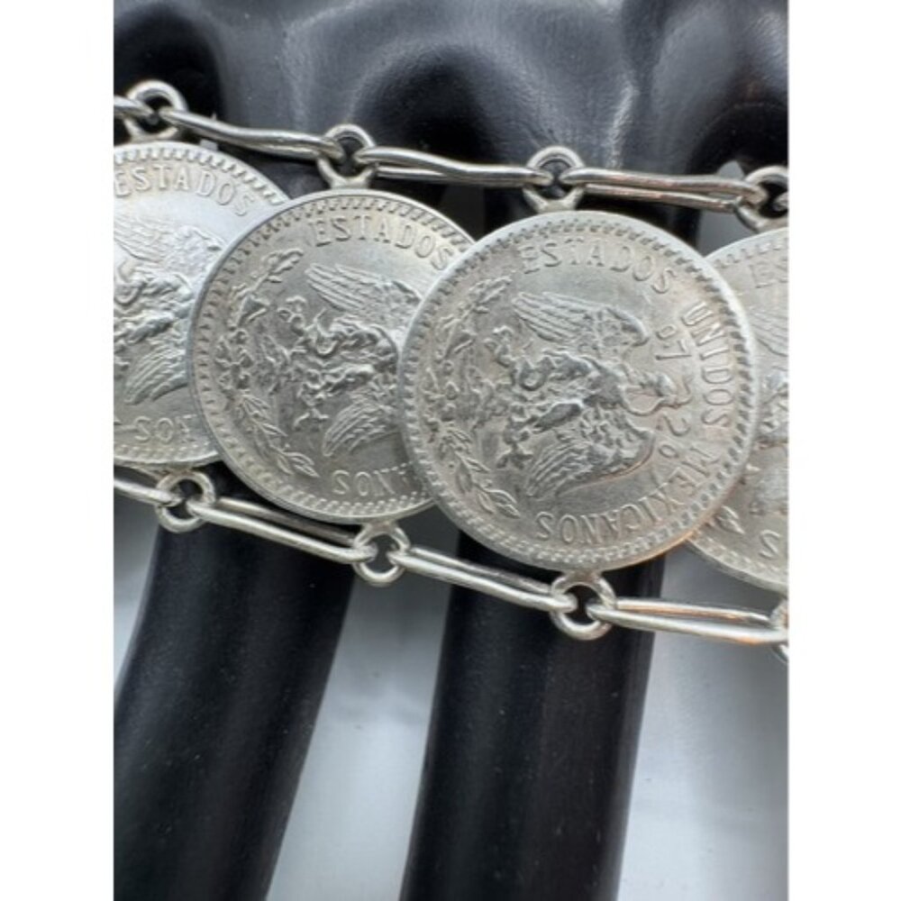 Vintage Mexican Coin Bracelet Solid Silver Unique Collectible Jewelry From 40s - Picture 4 of 16